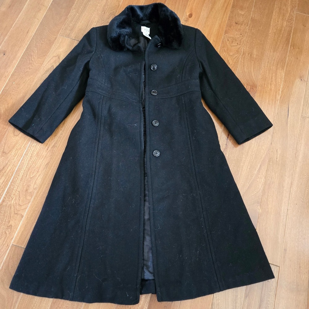 Vintage Talbots Kids Girls Black 100% Wool Faux Fur Button Front Long Coat 8